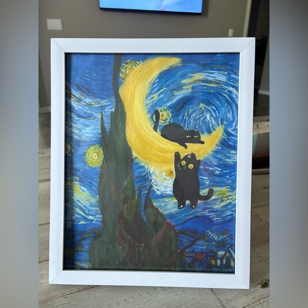 Starry Night Cat Art Print in White Framed 8x10”